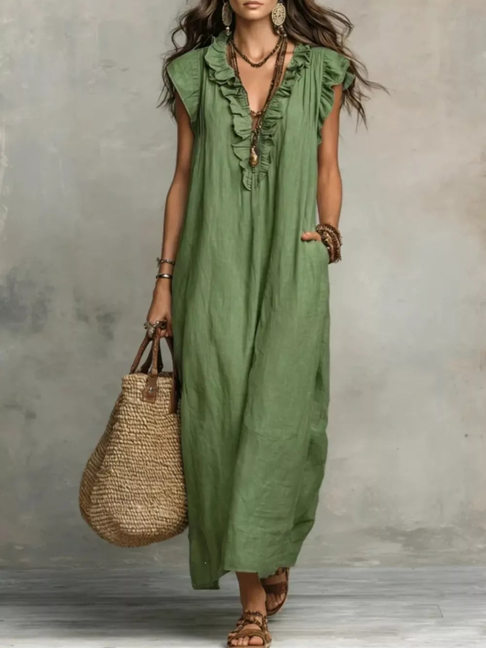 Ruffled V-neck Maxi Dress, fabric detail
