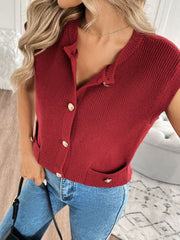Ribbed knit vest in rust with gold buttons and pocket details