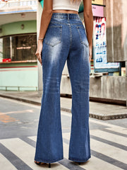 Dark blue denim flare jeans with faded details and a buttoned waist.