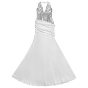 White sequin halter neck maxi gown with ruched waist detail