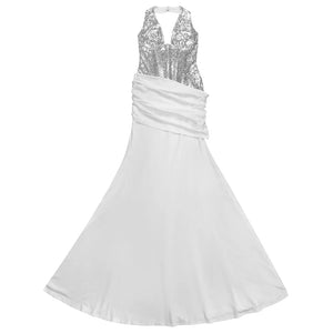 White sequin halter neck maxi gown with ruched waist detail