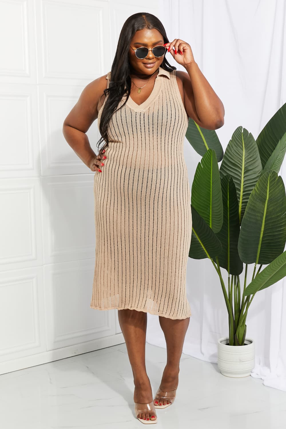 Tan open-knit collared midi cover-up with vertical stripes and a V-neck.