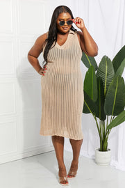 Tan open-knit collared midi cover-up with vertical stripes and a V-neck.