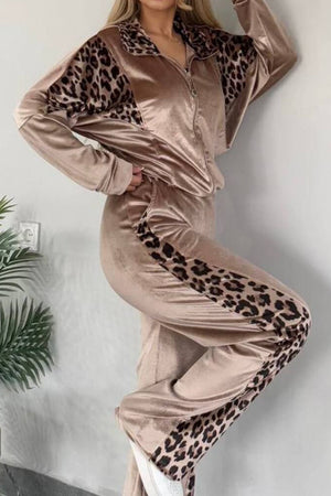 Velvet tracksuit in camel with leopard print panels on jacket and pants.