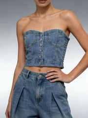 Structured denim tube top with button detail and smocked sides