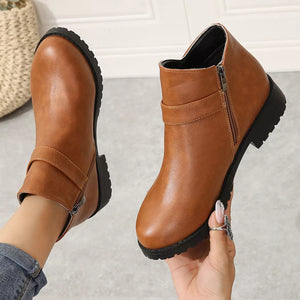 Caramel ankle boots with side zip and buckle detail