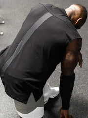Black performance cut sleeveless tee with a grey stripe detail.