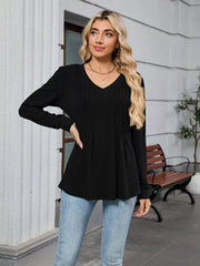 Black V-neck long sleeve maternity t-shirt with subtle pleating detail.