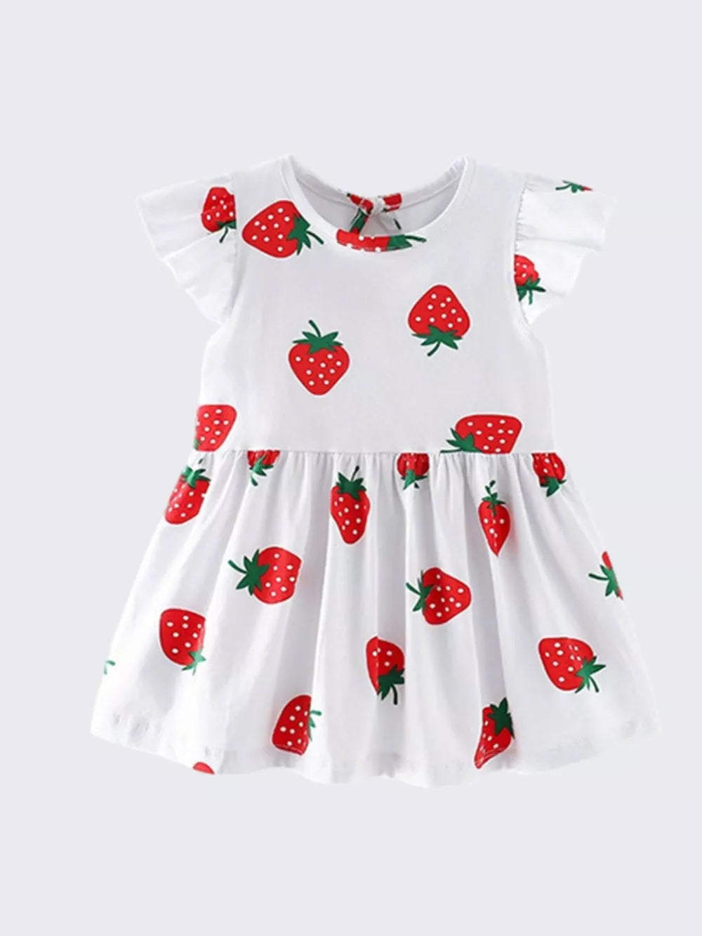 White cotton baby dress with allover red strawberry print and ruffle sleeves.