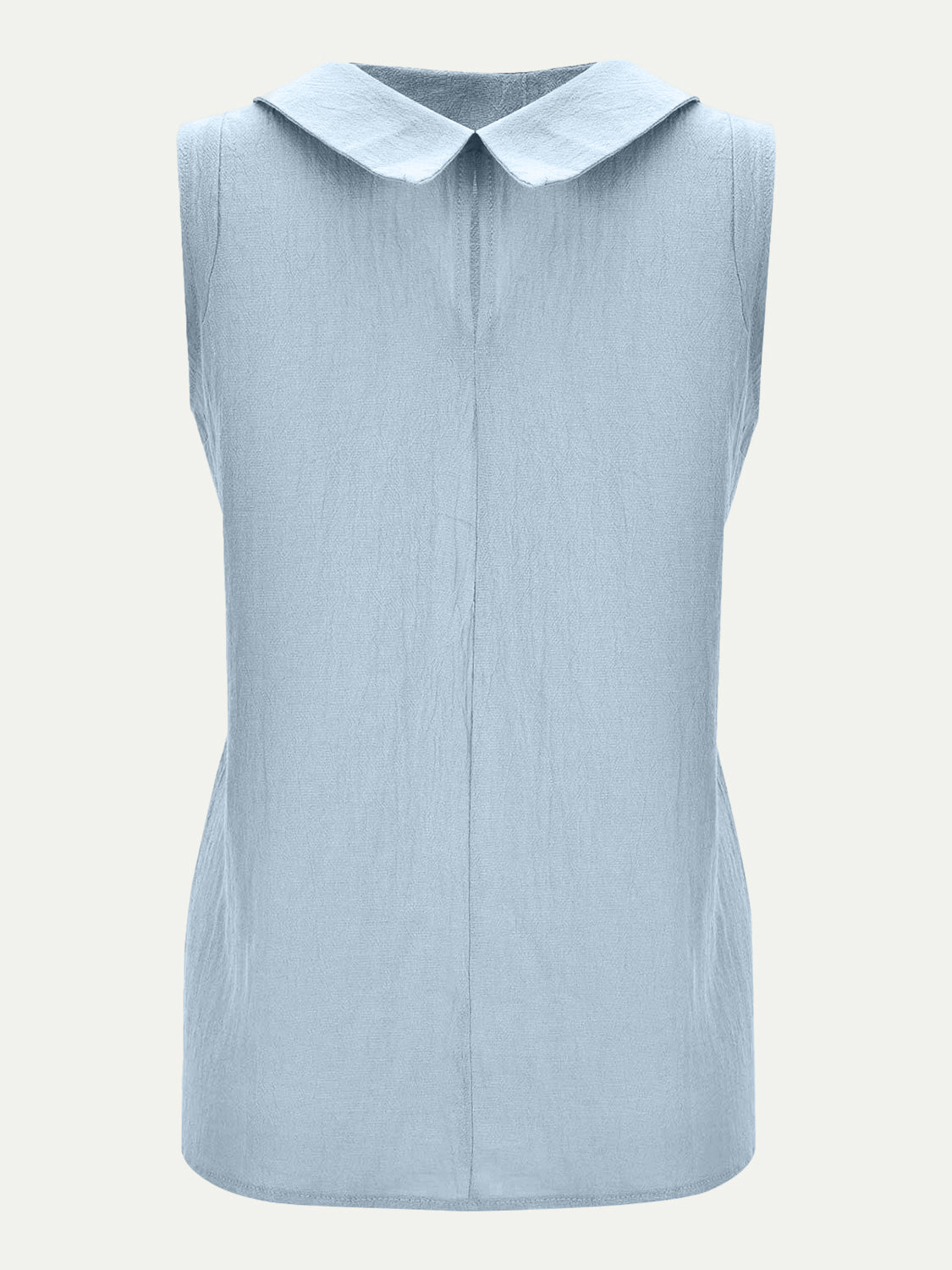 Light blue sleeveless Peter Pan collar blouse with textured fabric.