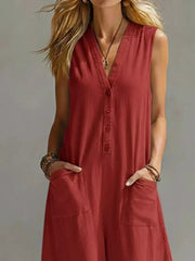 Chic V-neck Wide-leg Jumpsuit With Pockets