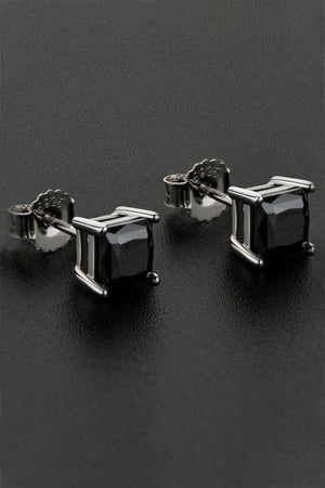 Black square moissanite stud earrings with silver settings.
