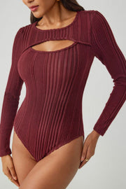 Deep Red ribbed long sleeve bodysuit with a keyhole cutout neckline.