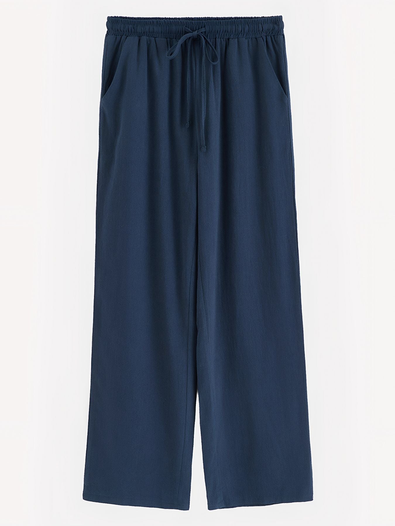 Navy drawstring wide leg casual pants with pockets