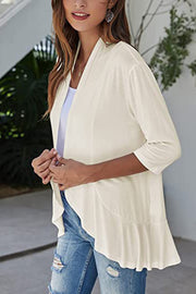 Ivory waterfall cardigan with asymmetric hemline and 3/4 sleeves