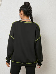 Black sweatshirt with contrast neon stitching, crew neck, long sleeves, casual style