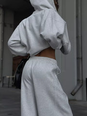 Oversized Zip-up Hoodie And Wide-leg Pants Set in Brown, fabric detail