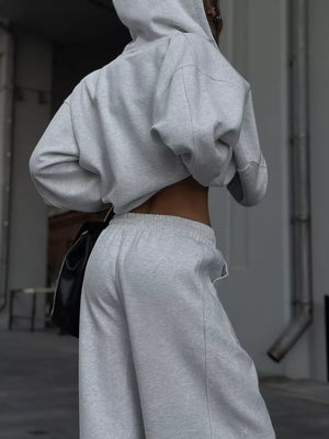 Oversized Zip-up Hoodie And Wide-leg Pants Set in Brown, fabric detail