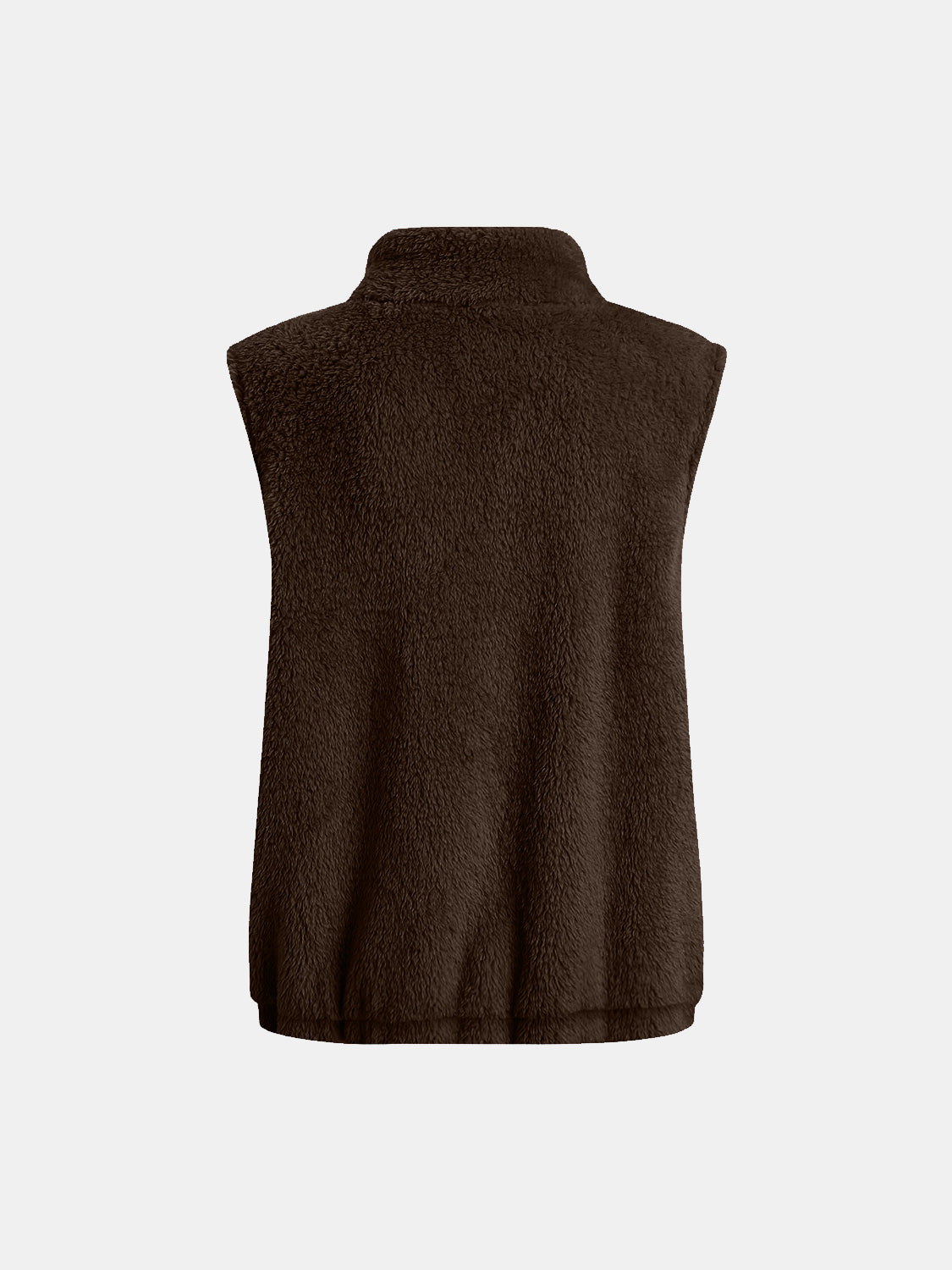 Chocolate teddy fleece stand-collar vest with a soft texture.