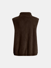 Chocolate teddy fleece stand-collar vest with a soft texture.