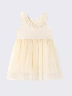 Cream baby tulle dress with ruffled collar and sleeveless design.