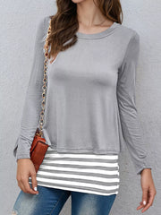 Layered Crew Neck Long Sleeve Striped T-shirt in Light Gray, editorial view