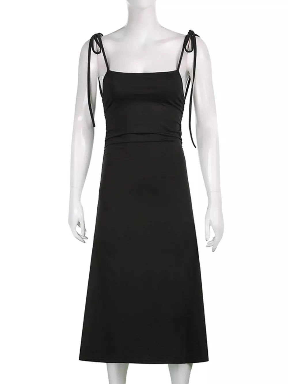 Black ruched midi dress with square neckline and tie straps