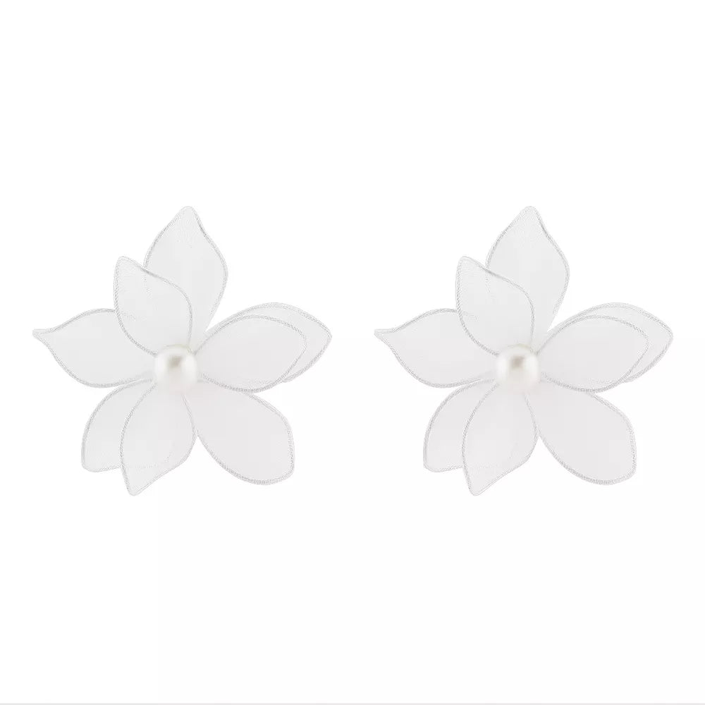 White floral pearl stud earrings with sheer petals and silver trim