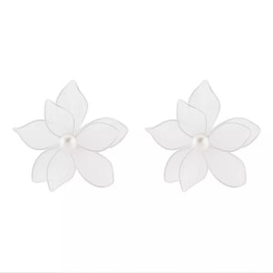 White floral pearl stud earrings with sheer petals and silver trim