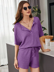 Purple waffle knit henley short set with drawstring shorts and short sleeves.