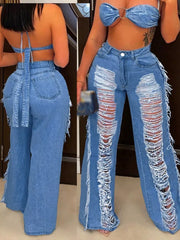 Fringe-detail Distressed Wide-leg Jeans