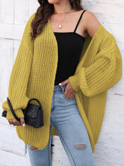 Chartreuse balloon sleeve open knit cardigan with a relaxed fit.