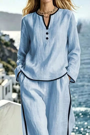 Contrast Trim Long Sleeve Top And Pants Set in Light Blue, back view