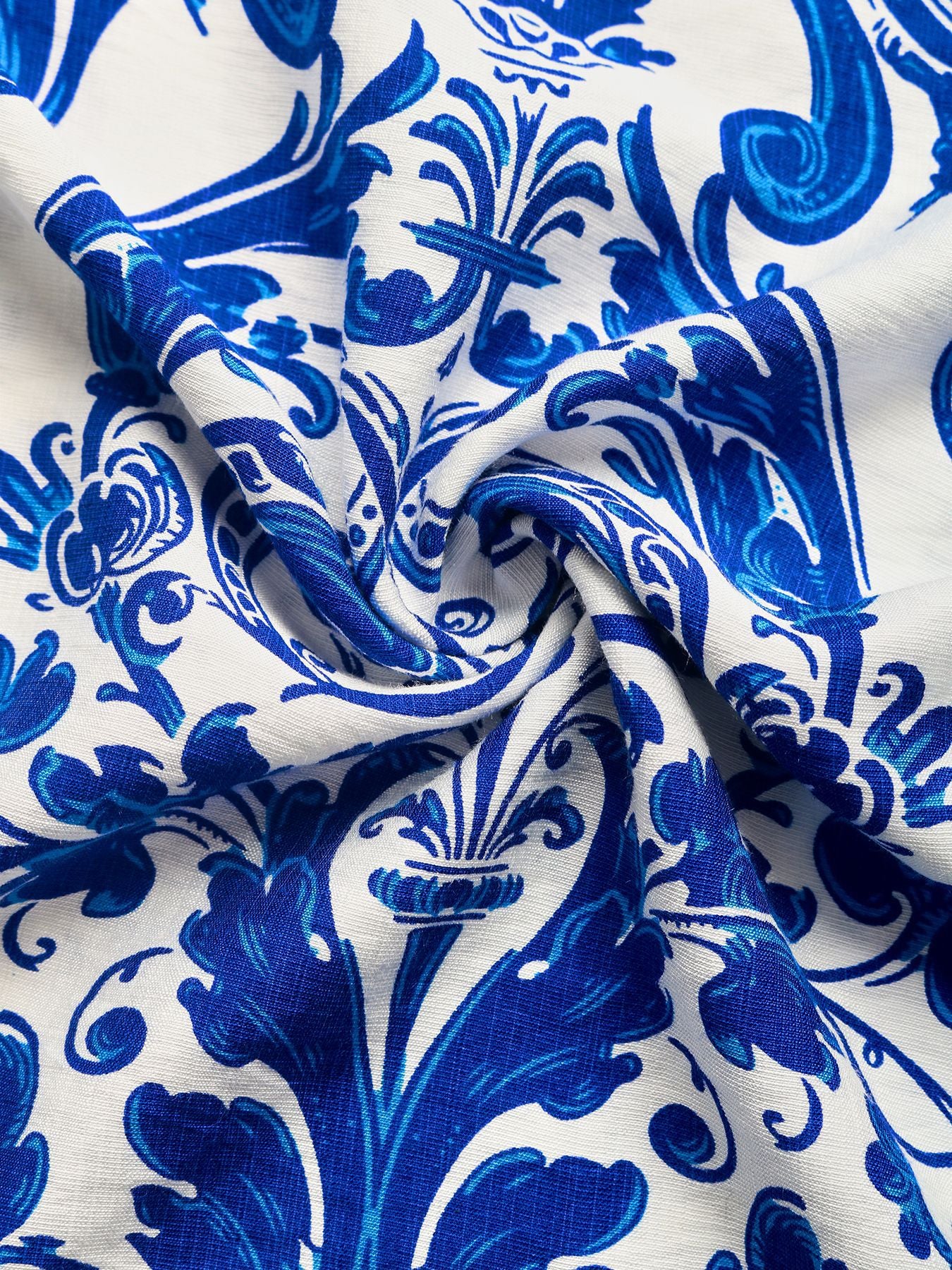 Blue and white floral print maxi dress fabric detail