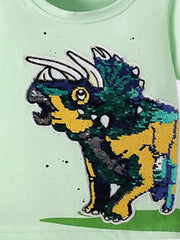Light green cotton t-shirt with a sparkling sequin dinosaur graphic.