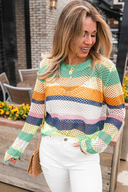 Rainbow crochet sweater with openwork knit and striped pattern in acrylic.