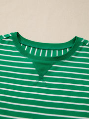 Green and white striped cotton t-shirt with crew neck and contrast stitching detail.