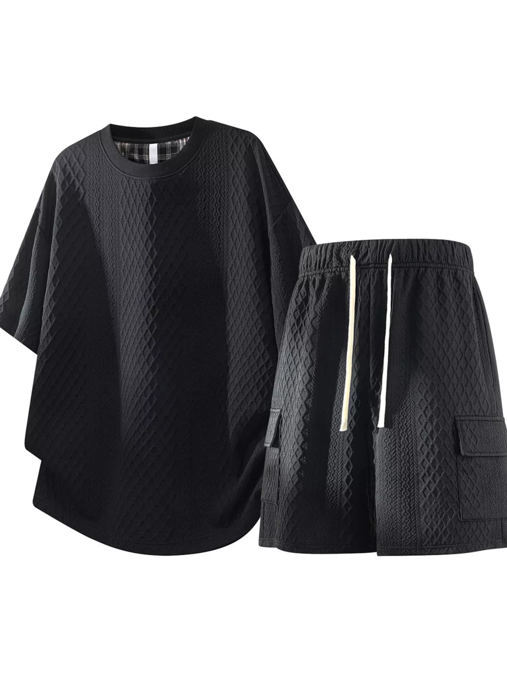 Men's Plus Size Textured Casual Top And Shorts Set in Black, side view