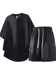 Men's Plus Size Textured Casual Top And Shorts Set in Black, side view