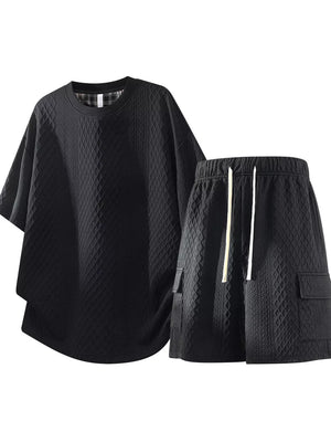 Men's Plus Size Textured Casual Top And Shorts Set in Black, side view