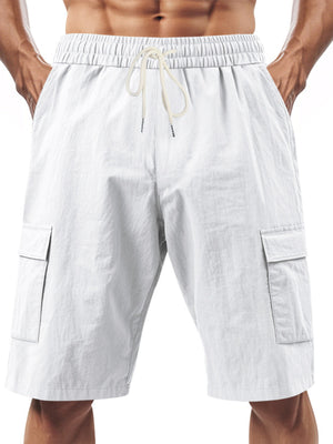 Men's white casual cargo shorts with elastic waistband and drawstring.