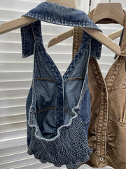 Blue denim halter top with collar and smocked hem detail
