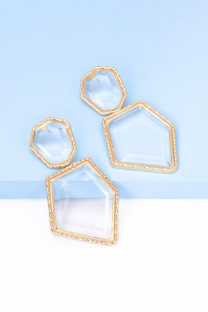 Clear resin facet drop earrings with gold trim, various geometric shapes.