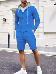 Men's Casual Hooded Button-up Shirt And Shorts Set, close-up detail