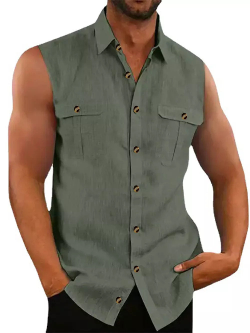Men's Sleeveless Button-up Shirt With Chest Pockets in Blue, model styling view