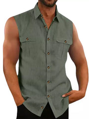 Men's Sleeveless Button-up Shirt With Chest Pockets in Blue, model styling view