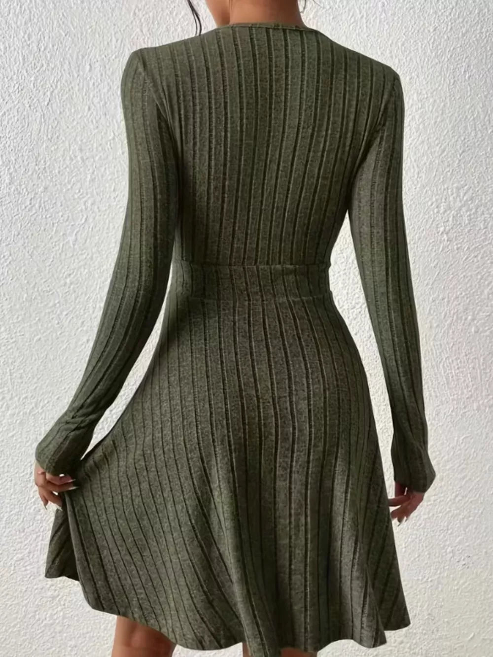 Army green ribbed wrap mini dress with long sleeves and A-line skirt.