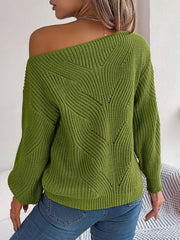 Moss green off-the-shoulder knit sweater with openwork detail and long sleeves.