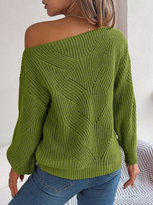 Moss green off-the-shoulder knit sweater with openwork detail and long sleeves.