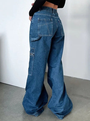 Dark blue denim wide leg cargo jeans with zipper pocket detail